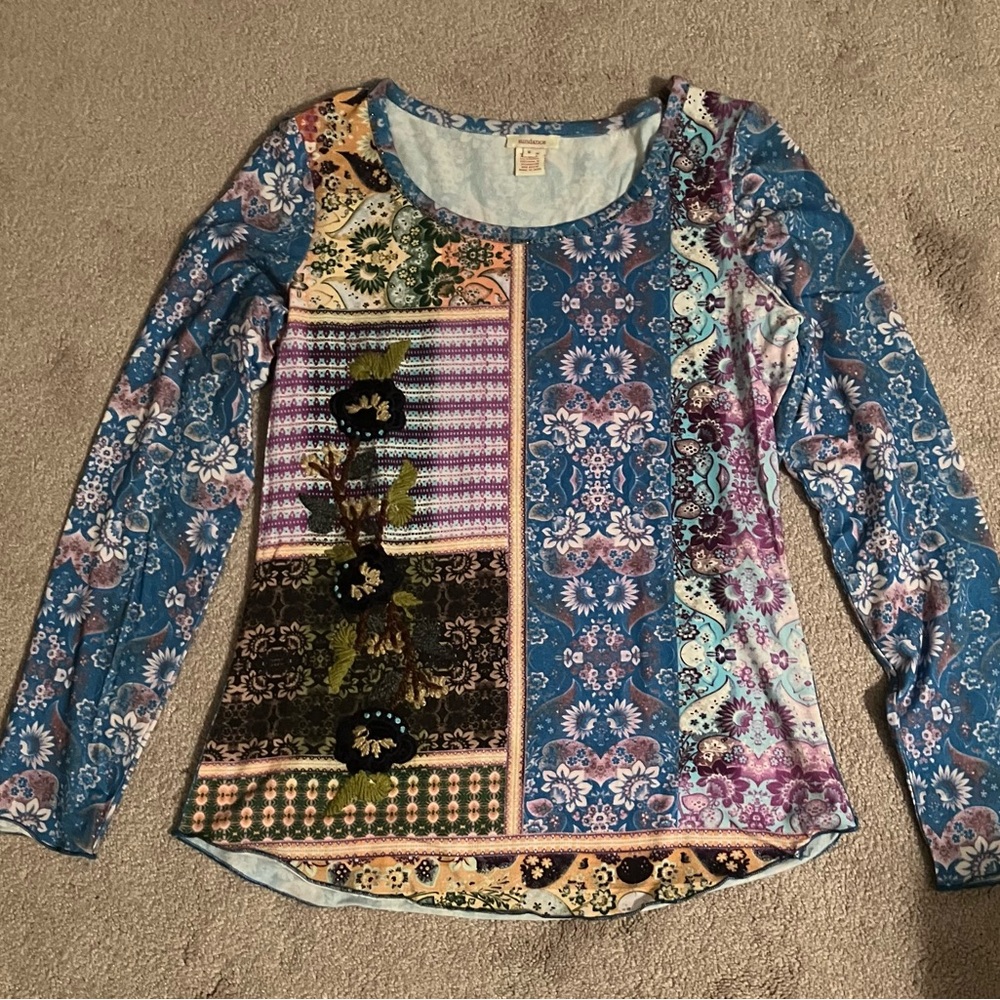 Sundance Blue and Multicolor Patchwork Long Sleeve Top